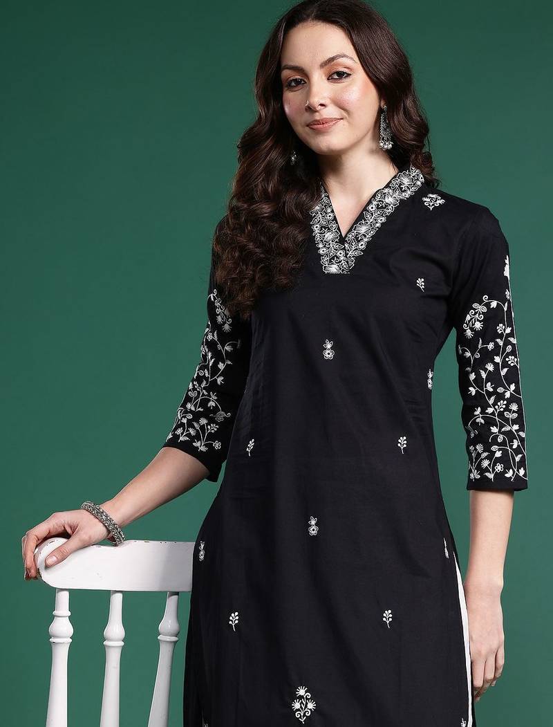 Black women floral embroidered thread work pure cotton kurta