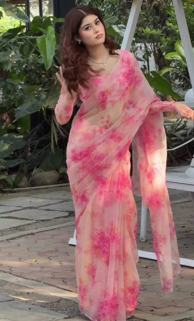 Pink silk blend embroidered saree with sequins work