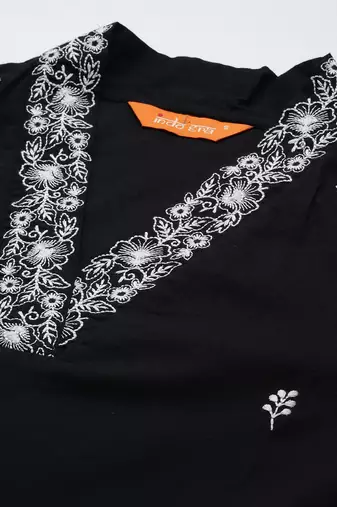 Black women floral embroidered thread work pure cotton kurta