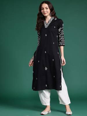 Black women floral embroidered thread work cotton kurta 3