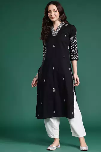 Black women floral embroidered thread work pure cotton kurta