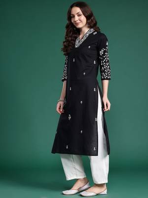 Black women floral embroidered thread work cotton kurta 4