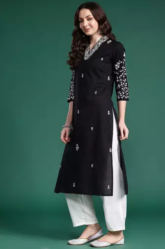 Black women floral embroidered thread work pure cotton kurta
