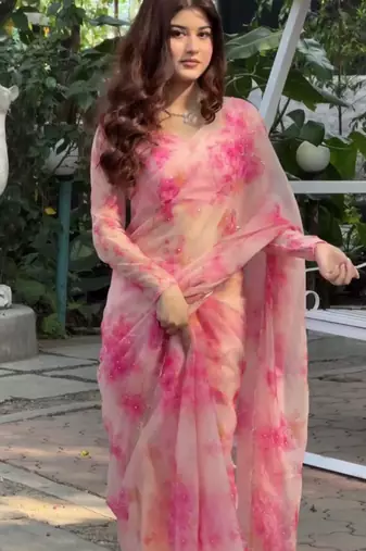 Pink silk blend embroidered saree with sequins work