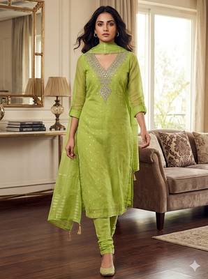 Green color designer simmer butti fabric ceremonial partywear suit 1