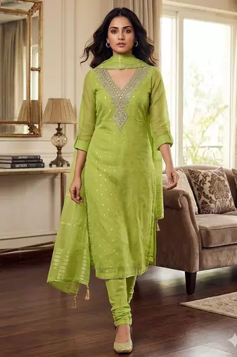 Green color designer simmer butti fabric ceremonial partywear suit