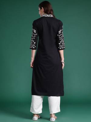 Black women floral embroidered thread work cotton kurta 5