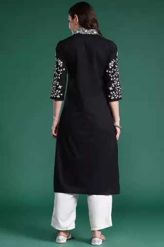 Black women floral embroidered thread work pure cotton kurta