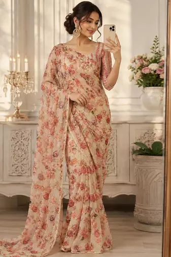 Beige silk blend embroidered saree with mirror work