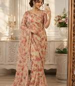 Beige silk blend embroidered saree with mirror work