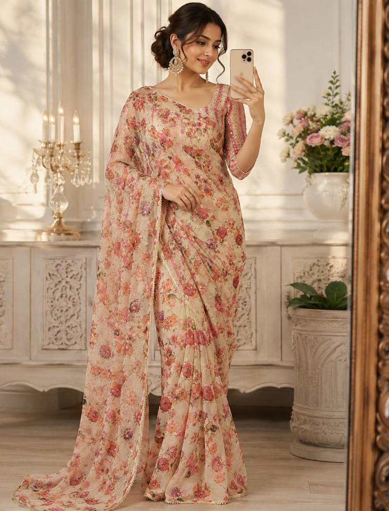 Beige silk blend embroidered saree with mirror work