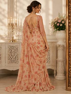 Beige silk blend embroidered saree with mirror work 2