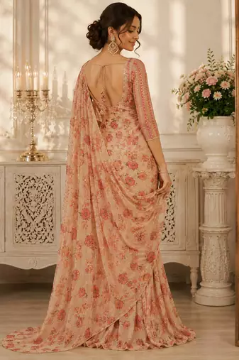 Beige silk blend embroidered saree with mirror work