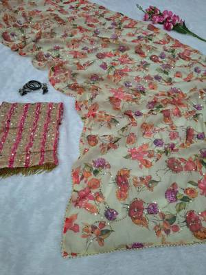 Beige silk blend embroidered saree with mirror work 3