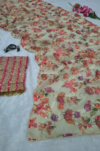 Beige silk blend embroidered saree with mirror work