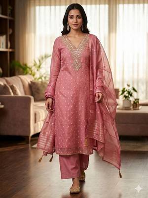 Pink color designer simmer butti fabric ceremonial partywear suit 1