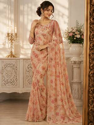 Beige silk blend embroidered saree with mirror work 4