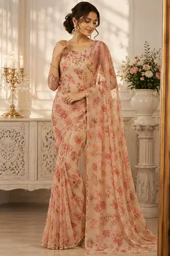 Beige silk blend embroidered saree with mirror work
