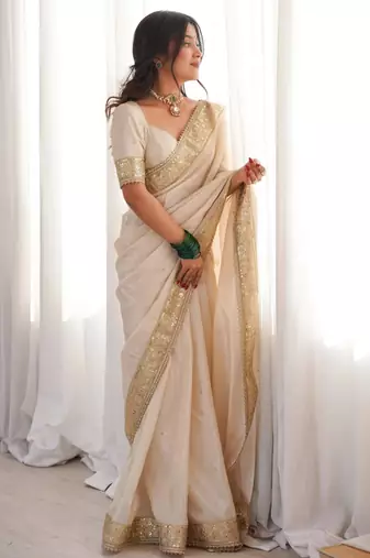 Cream silk blend embroidered saree with sequins work