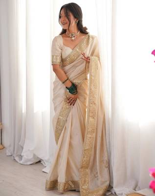 Cream silk blend embroidered saree with sequins work 2