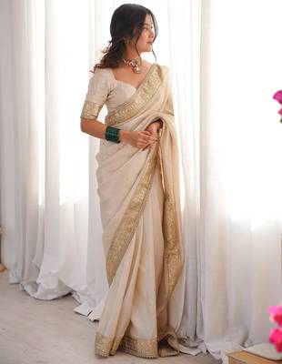 Cream silk blend embroidered saree with sequins work 3