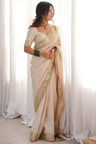 Cream silk blend embroidered saree with sequins work