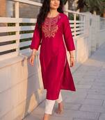 Pink women embroidered thread work kurta