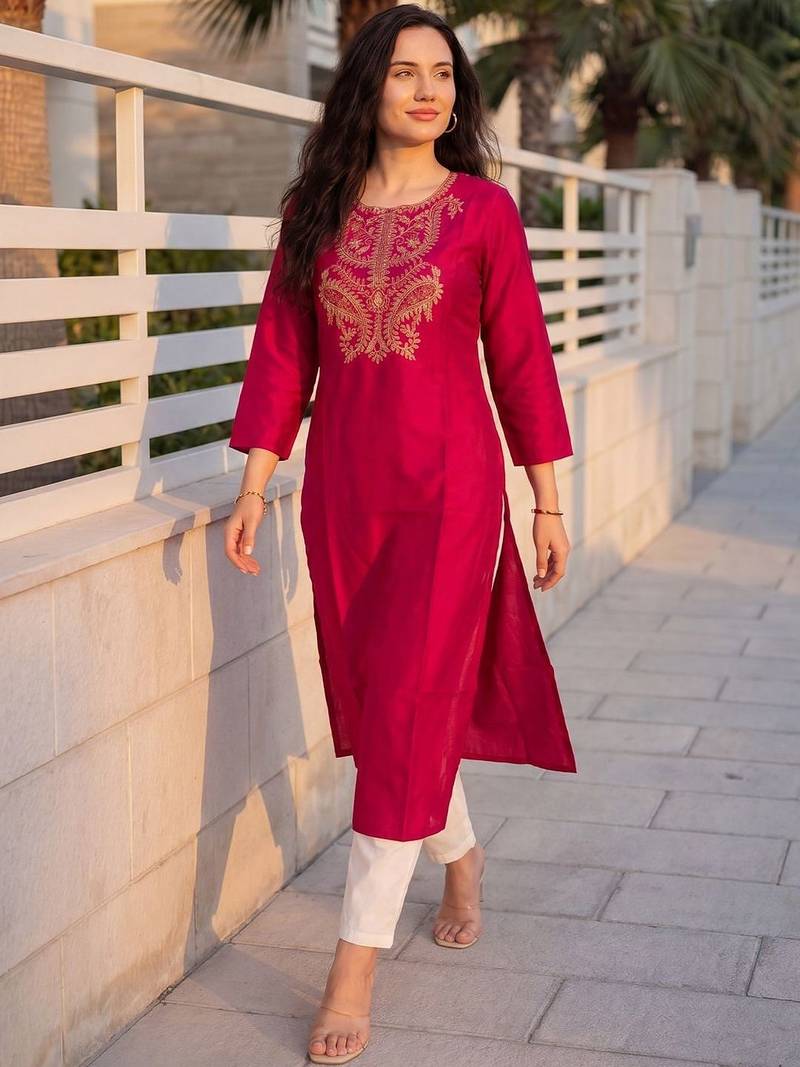 Pink women embroidered thread work kurta