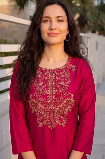 Pink women embroidered thread work kurta