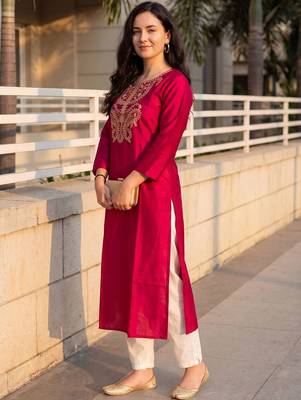 Pink women embroidered thread work kurta 3