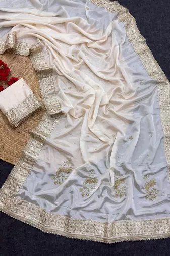 Cream silk blend embroidered saree with sequins work