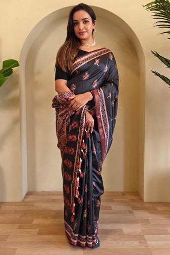 Black viscose printed saree with zari work