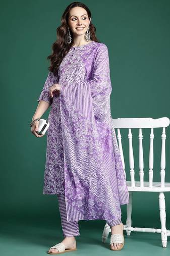 Purple floral printed pure cotton kurta with trousers & dupatta
