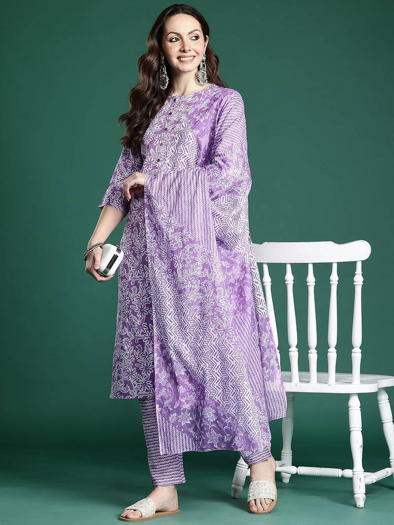 Purple floral printed pure cotton kurta with trousers & dupatta