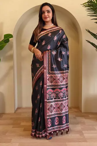 Black viscose printed saree with zari work