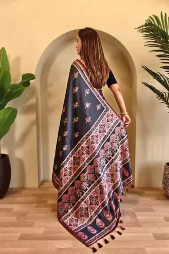 Black viscose printed saree with zari work