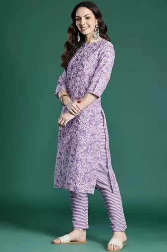 Purple floral printed pure cotton kurta with trousers & dupatta