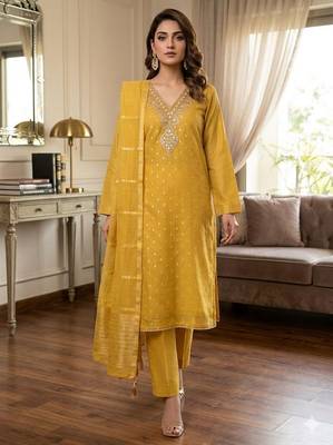 Yellow color designer simmer butti fabric ceremonial partywear suit 1