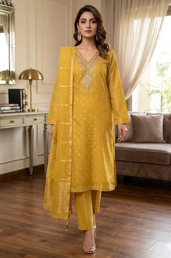 Yellow color designer simmer butti fabric ceremonial partywear suit