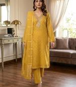 Yellow color designer simmer butti fabric ceremonial partywear suit