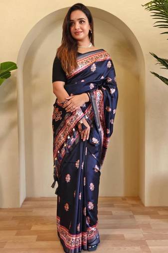 Navy blue viscose printed saree with zari work