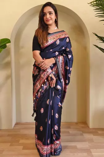 Navy blue viscose printed saree with zari work