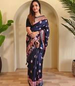 Navy blue viscose printed saree with zari work