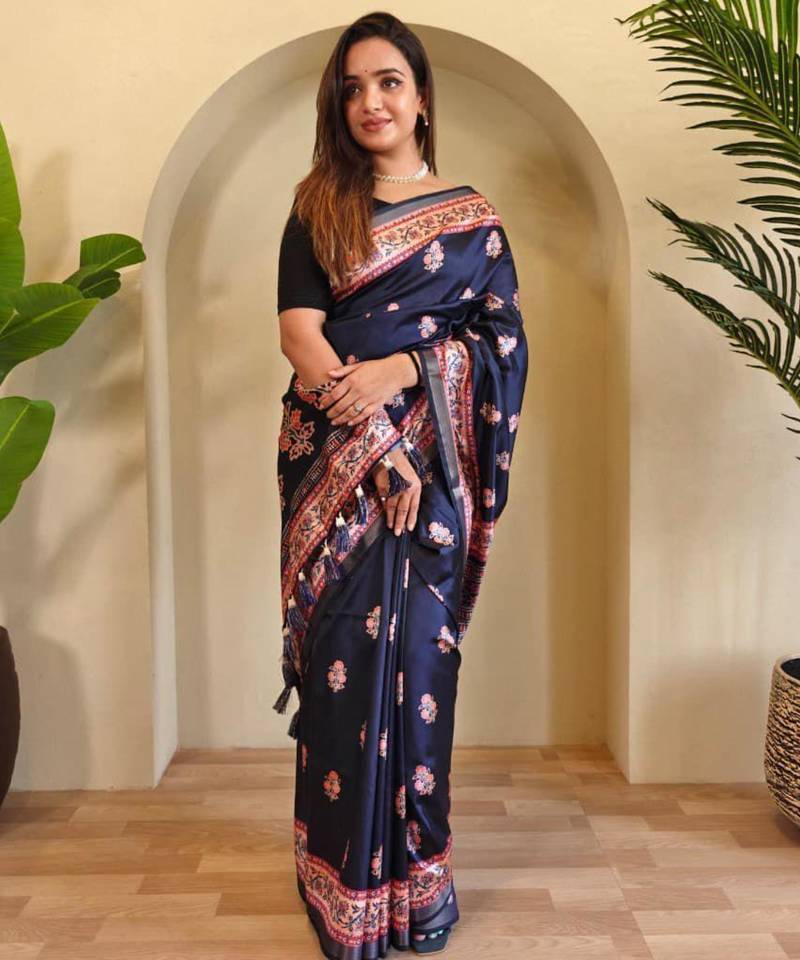 Navy blue viscose printed saree with zari work