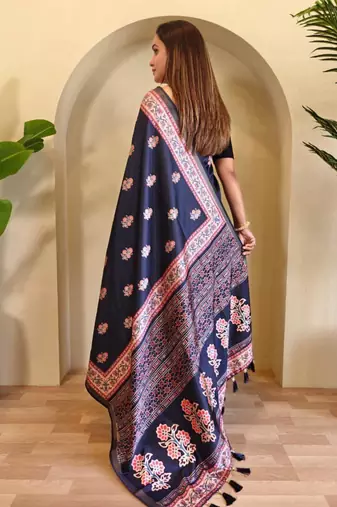 Navy blue viscose printed saree with zari work