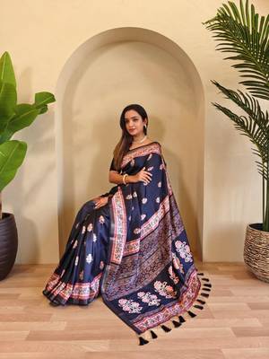 Navy blue viscose printed saree with zari work 3