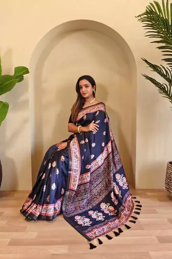 Navy blue viscose printed saree with zari work