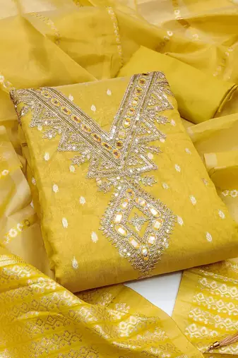 Yellow color designer simmer butti fabric ceremonial partywear suit