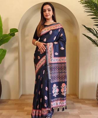 Navy blue viscose printed saree with zari work 4