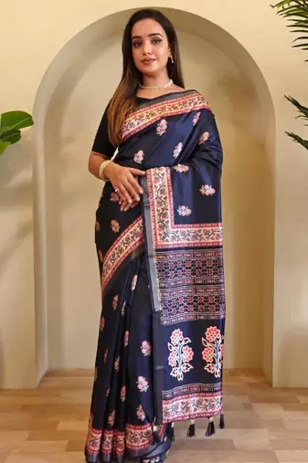 Navy blue viscose printed saree with zari work